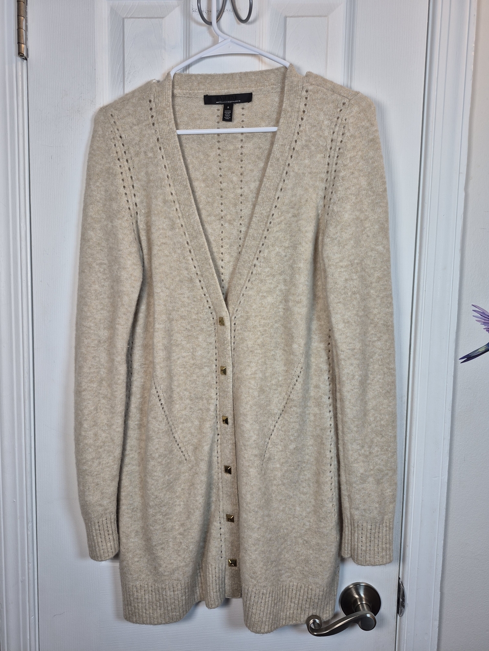 WHBM Cream Longline Cardigan Sweater Small Gold Studded Quiet Luxury Fall